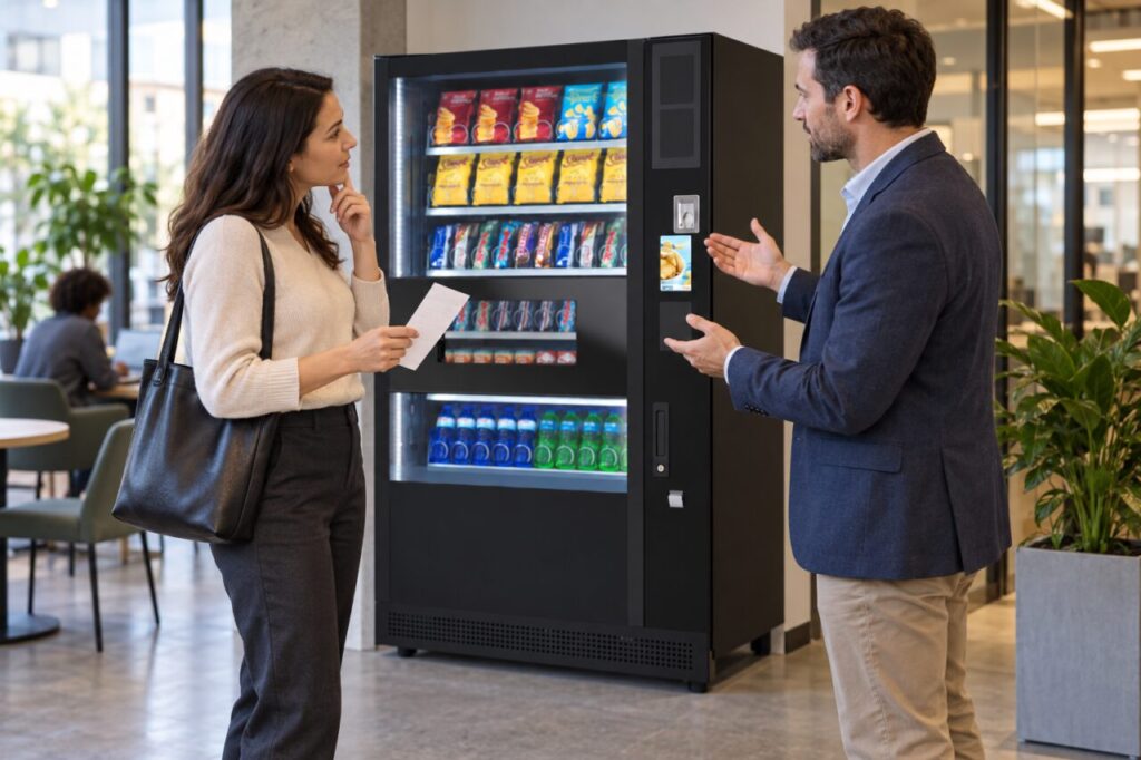 Buyer discusses receipt requirements beside a vending payment interface