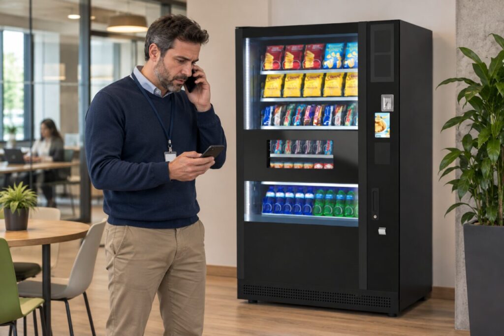 Site coordinator makes a support call while reviewing a phone beside a vending machine