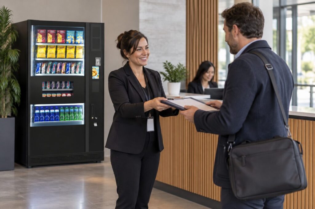 Site coordinators hand over visitor access arrangements beside vending equipment