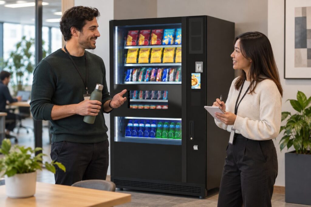 Workplace host invites voluntary feedback from a non-user beside vending equipment