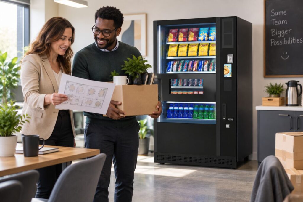 Office colleagues review team seating changes beside a vending machine