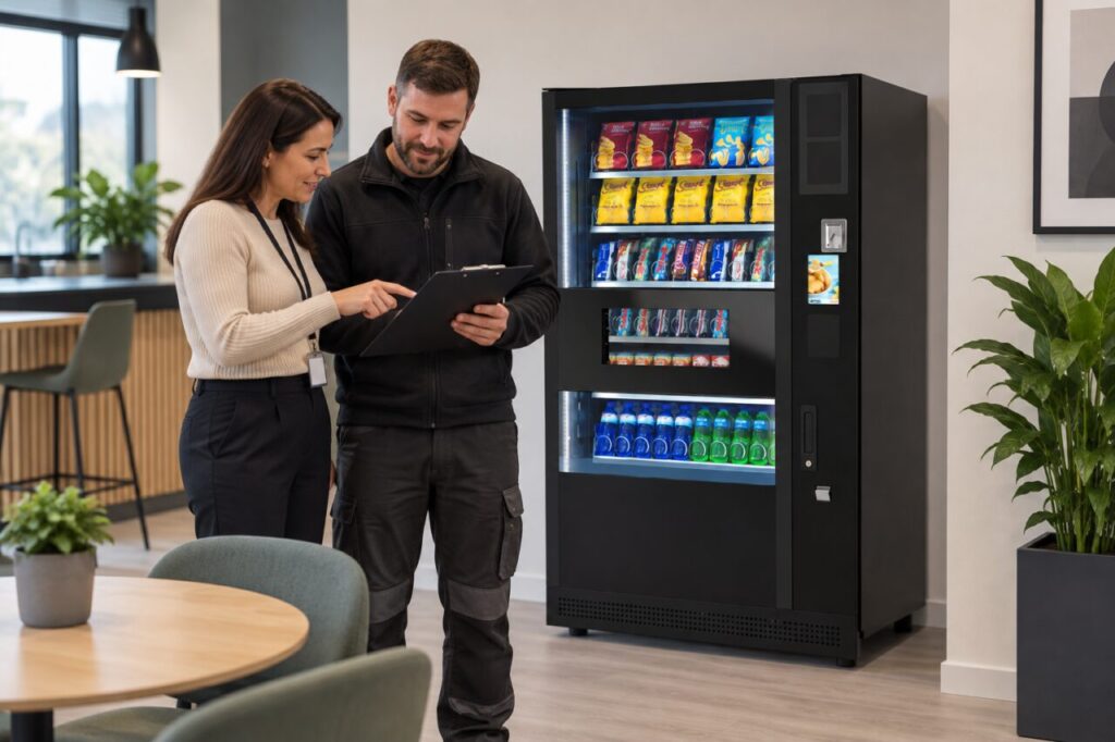 Site host and installer check a refurbished room for hired vending equipment