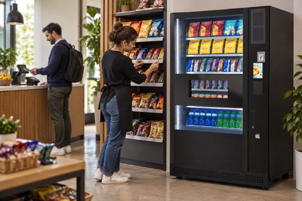 Micro-market operator aligns shelf information beside a vending machine