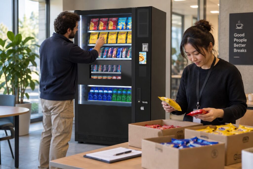 Operator checks machine stock separately from stored cartons