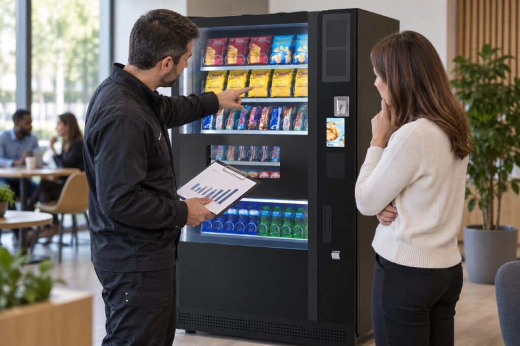 Operator compares sales information with vending shelf allocation