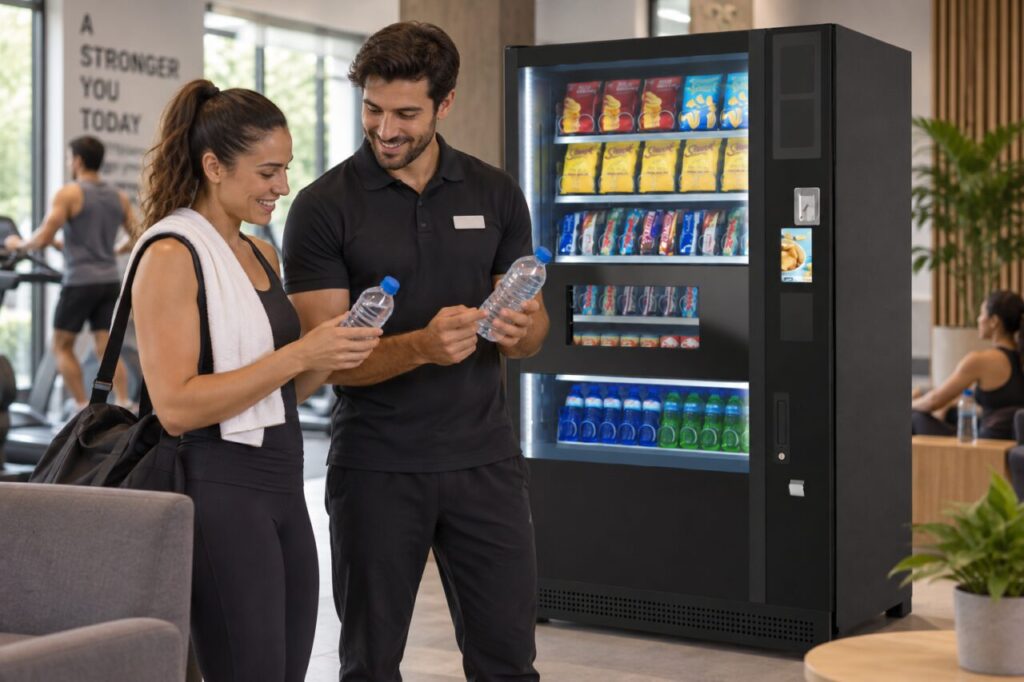 Customer compares different drink pack sizes beside a vending machine