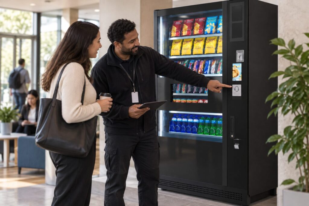 Host shows a customer the correct support label on a shared-site vending machine