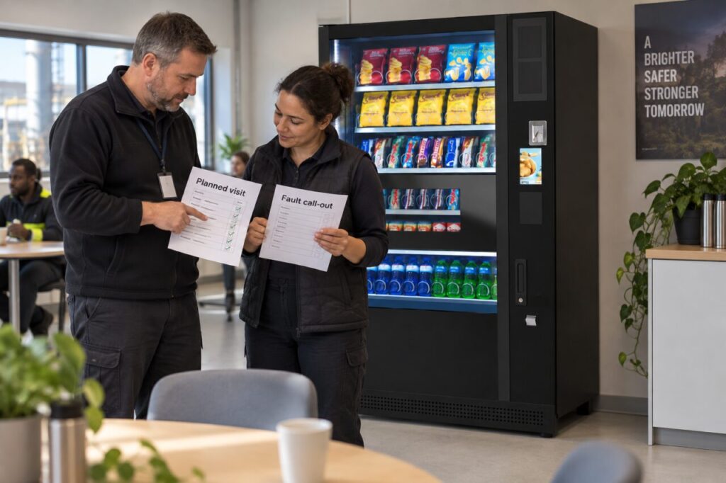 Coordinator compares planned maintenance and fault call-out schedules beside a vending machine