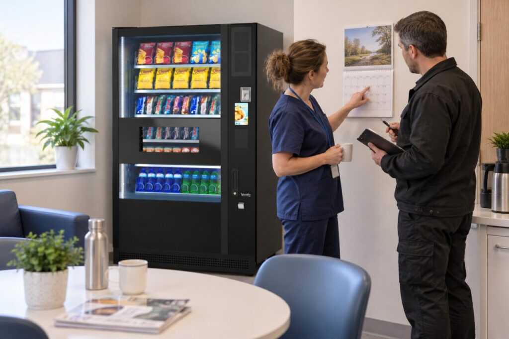 Site host and technician review a postponed service appointment beside vending equipment