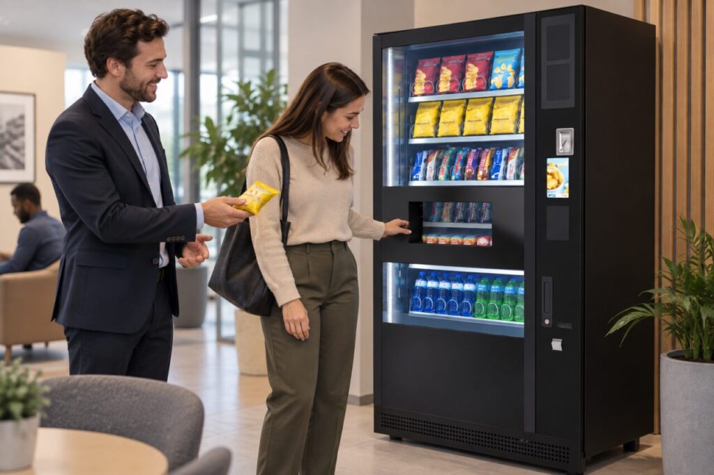 Buyer observes intended product samples during a vending demonstration