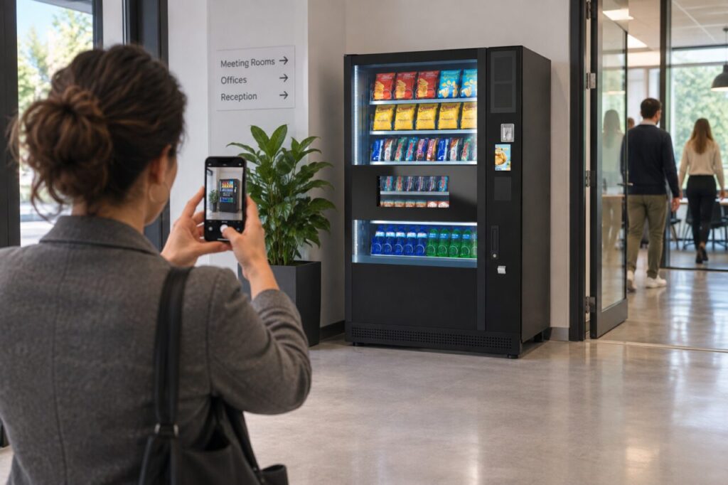Site coordinator photographs the access route beside vending equipment