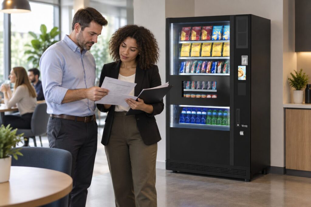 Buyer reviews quotation validity after budget approval beside vending equipment