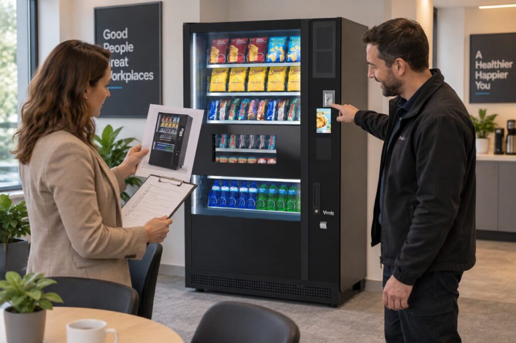 Buyer compares a vending equipment photograph with the written specification