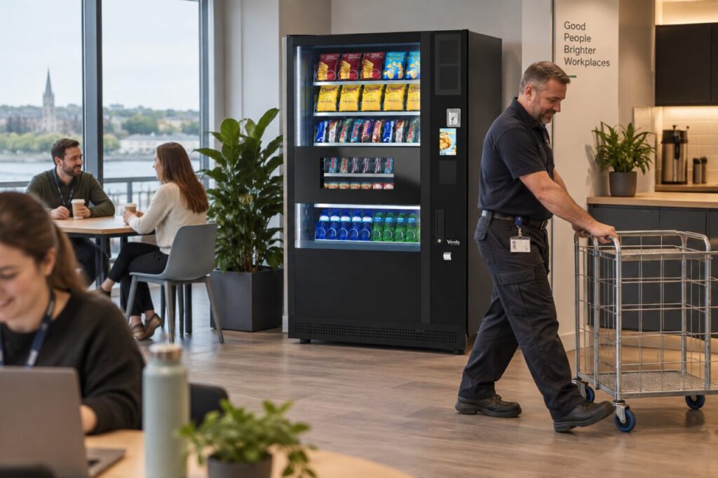Site host moves a trolley out of the vending service access area