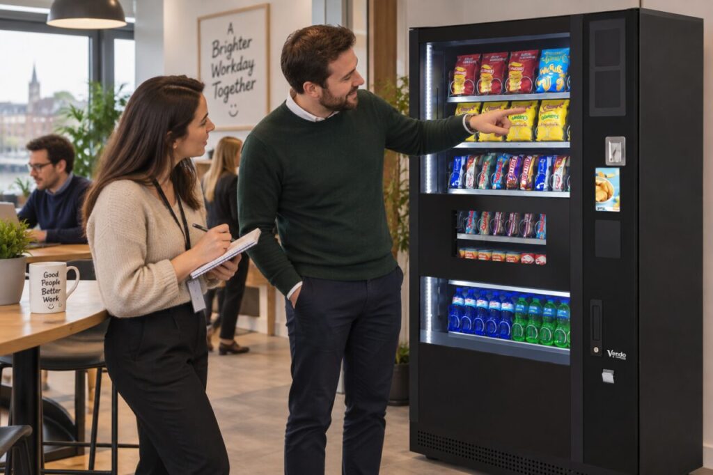 Office host records specific customer feedback beside a vending machine