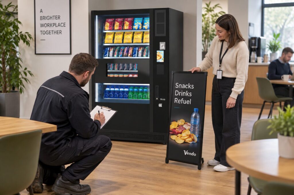 Host and hire supplier record a changed freestanding accessory beside vending equipment