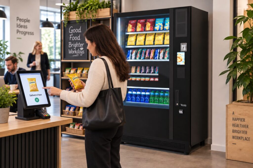 Micro-market customer compares a snack pack with checkout product information beside vending equipment