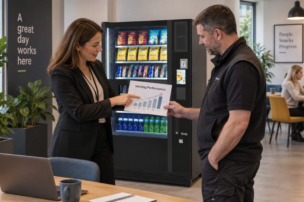 Employer and operator review a budget trigger beside a vending machine