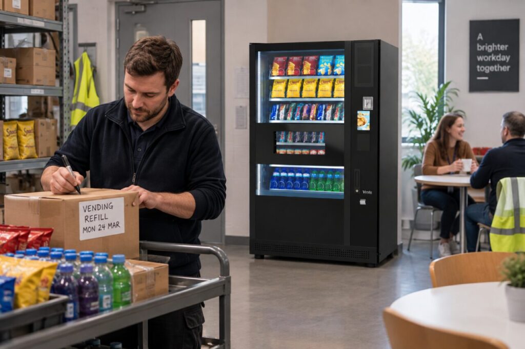 Stockroom worker labels products reserved for an upcoming vending refill
