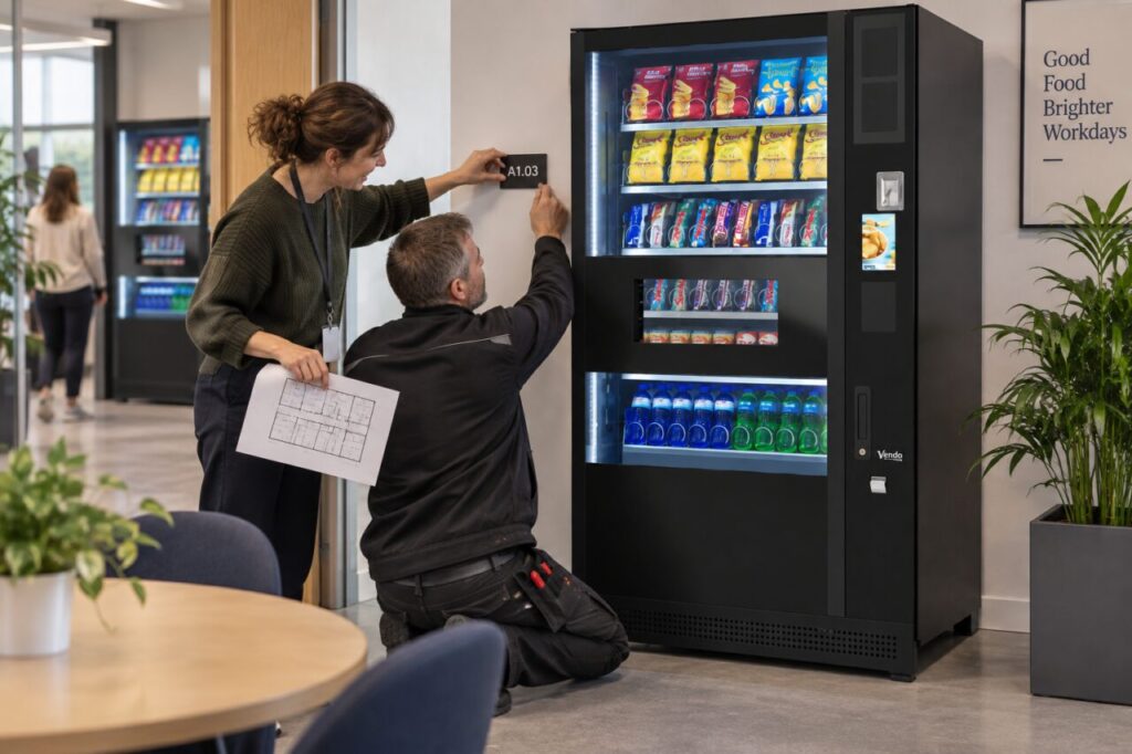 Host and technician match a vending location label to a floor plan