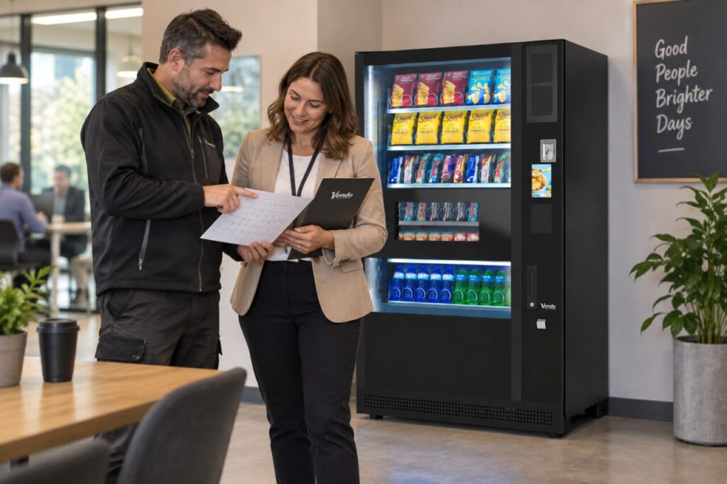 Buyer and supplier review warranty and installation dates beside vending equipment