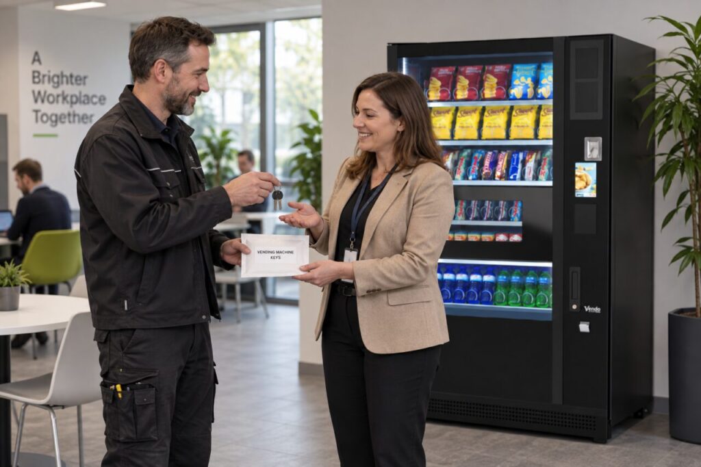Technician hands cabinet keys to an authorised site manager