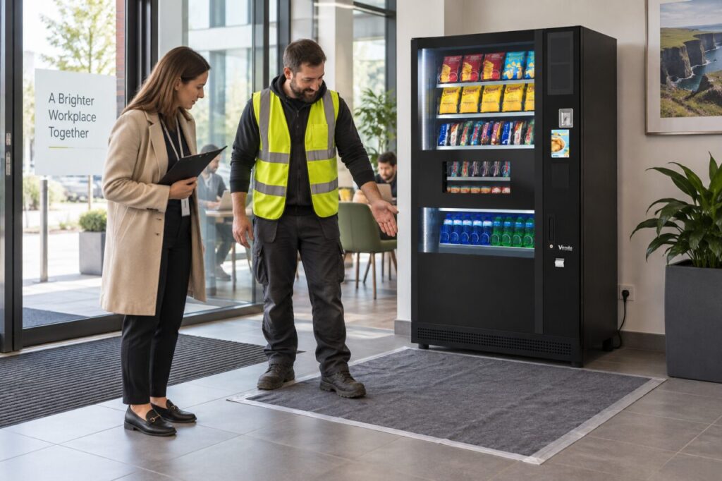 Delivery coordinator checks protective covering on the route beside vending equipment