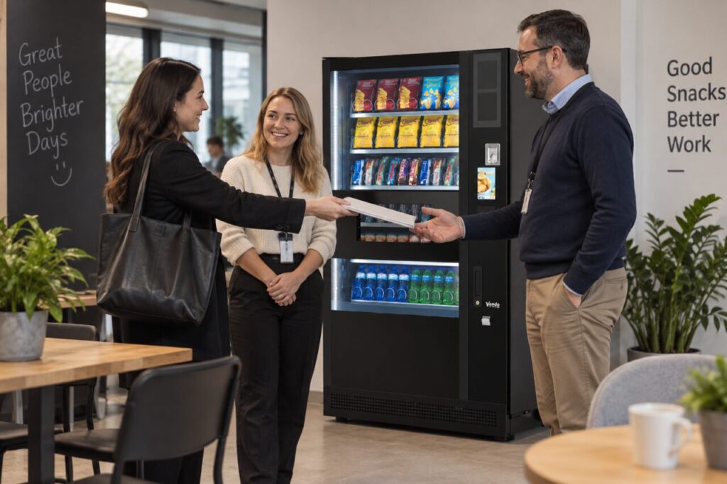 Outgoing buyer introduces the new order contact beside vending equipment