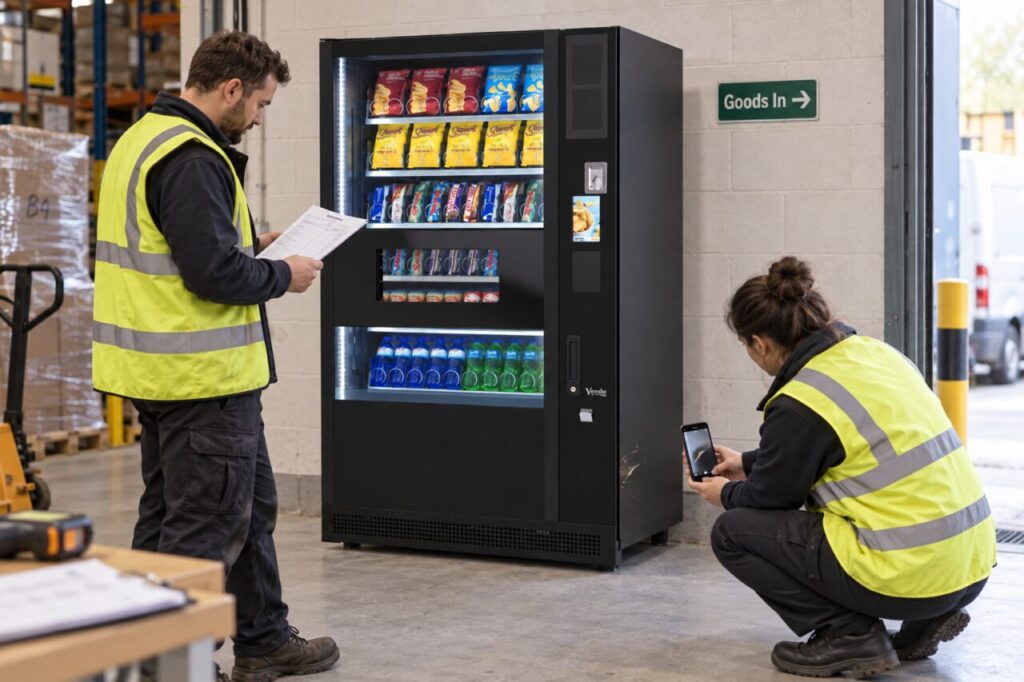 Receiving team photographs a visible cabinet scuff beside vending equipment