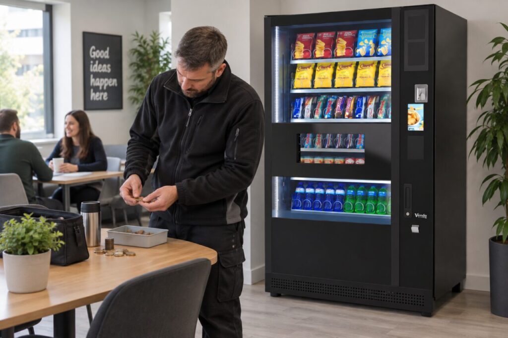 Operator counts the opening change float beside a vending machine