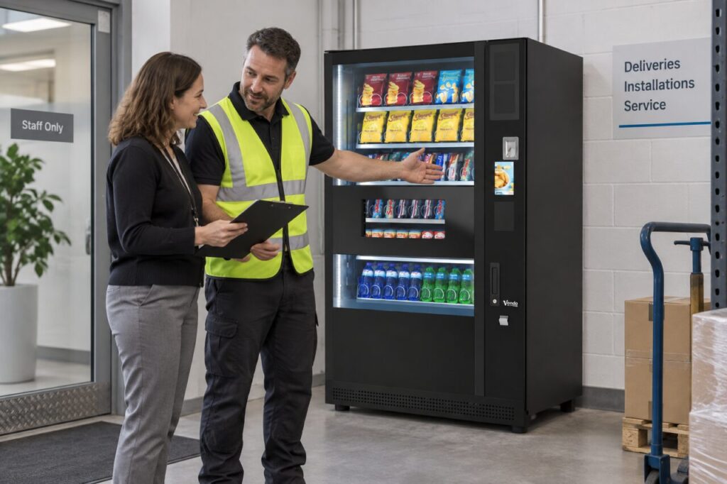 Supplier and buyer discuss a holding plan for vending equipment awaiting installation