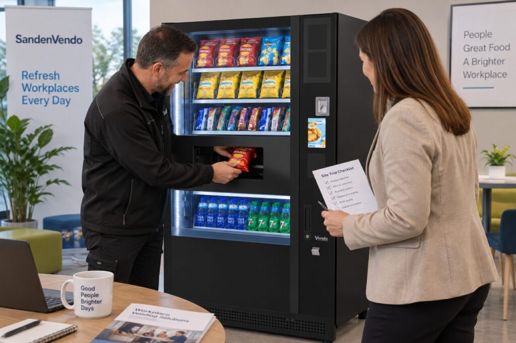 Buyer observes a vending product demonstration with a supplier