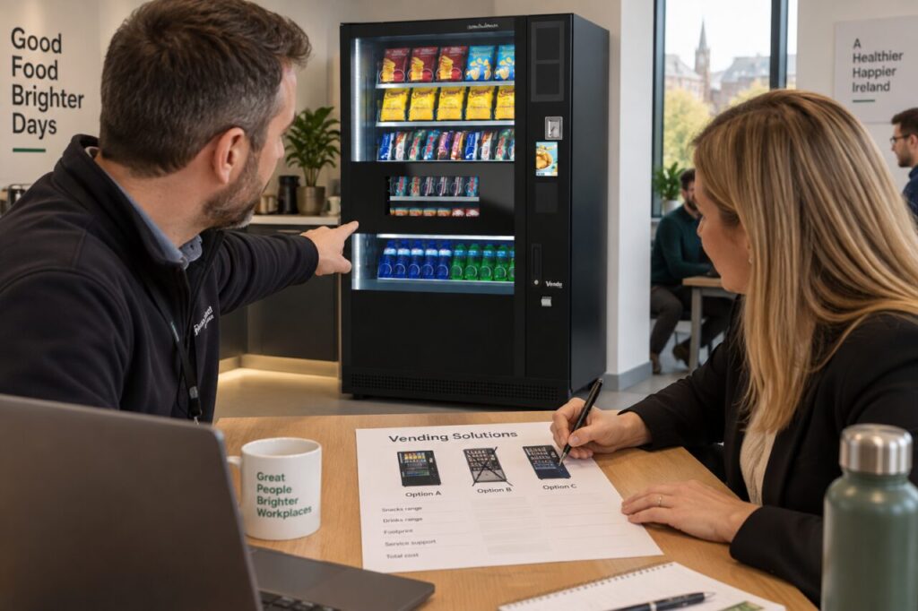 Buyer records a rejected equipment option beside a vending machine