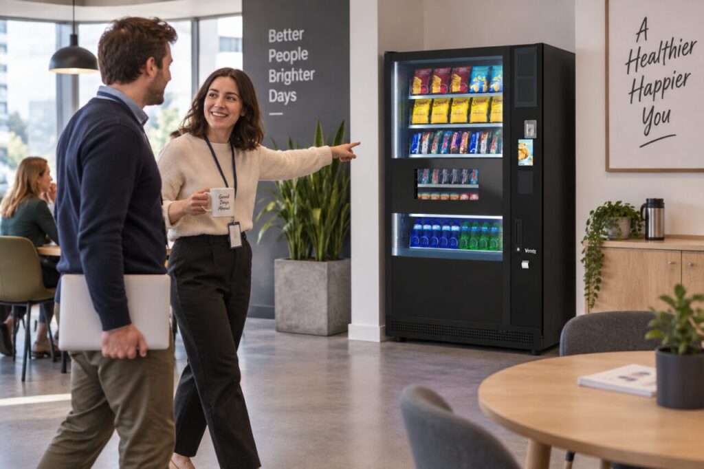 Office worker directs a colleague towards the vending area after desk moves