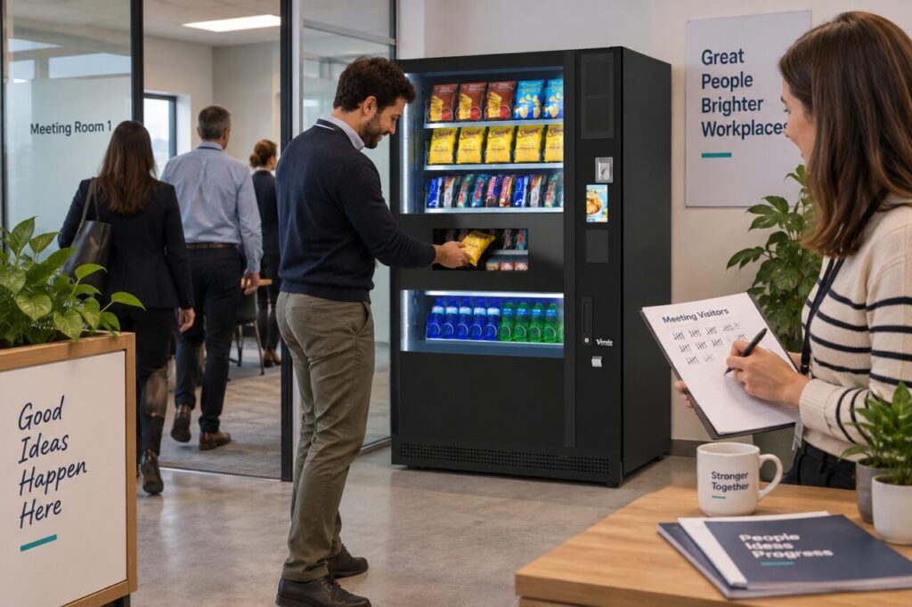 Office host records aggregate meeting attendance beside vending equipment