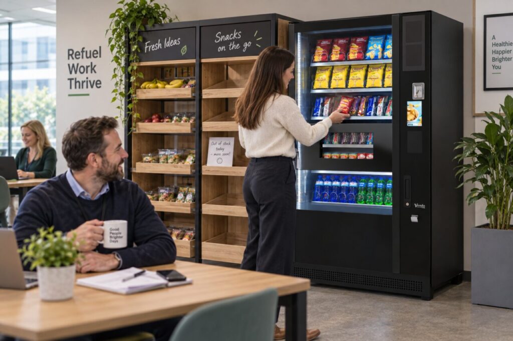 Micro-market customer chooses an available snack beside an empty shelf position