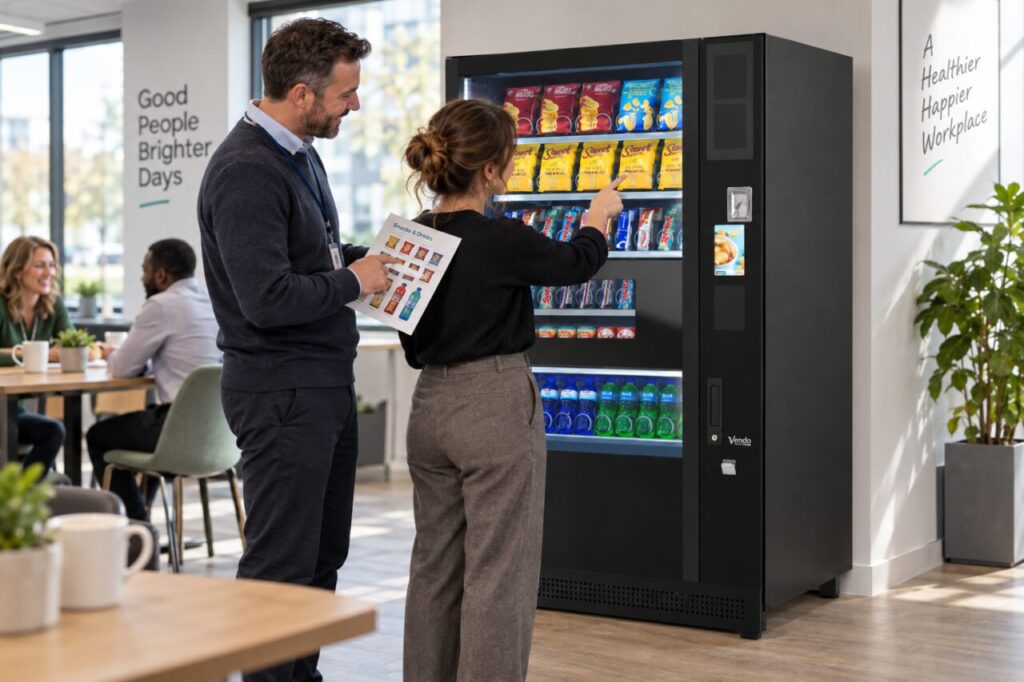 Employer explains the included product range beside a vending machine