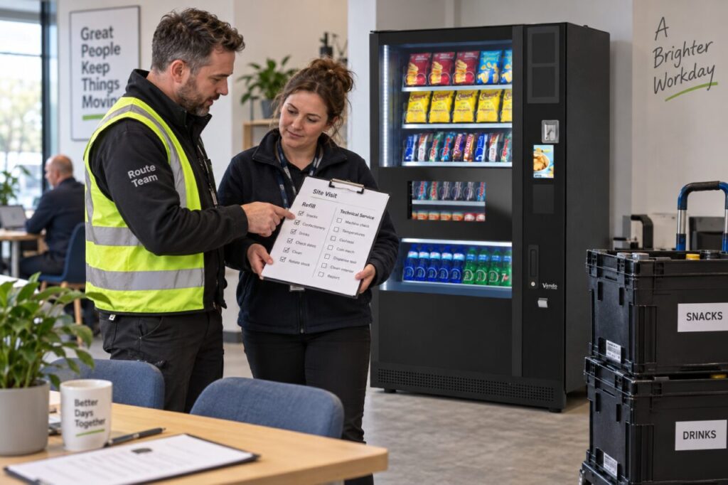 Route coordinator separates refill and service tasks beside vending equipment