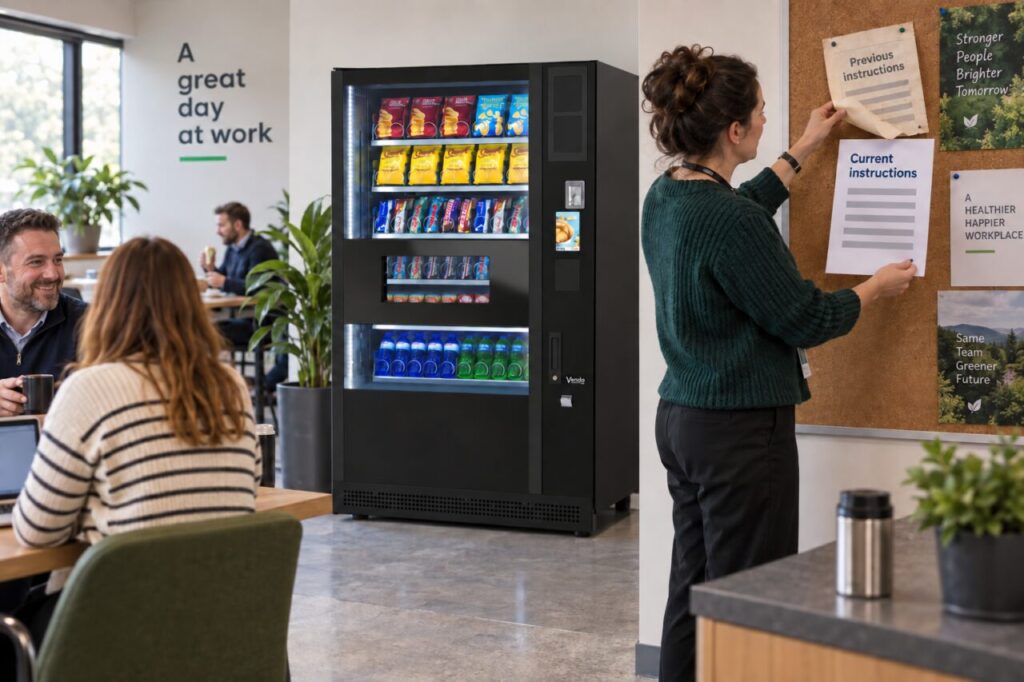 Site host replaces an outdated customer notice beside vending equipment