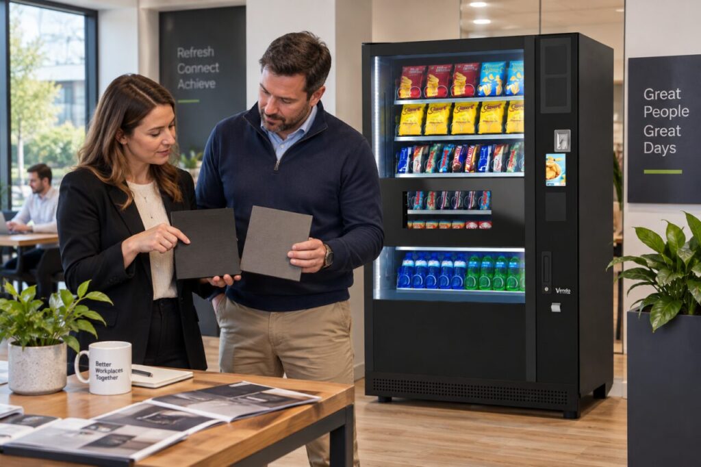 Buyer compares cabinet finish samples beside vending equipment