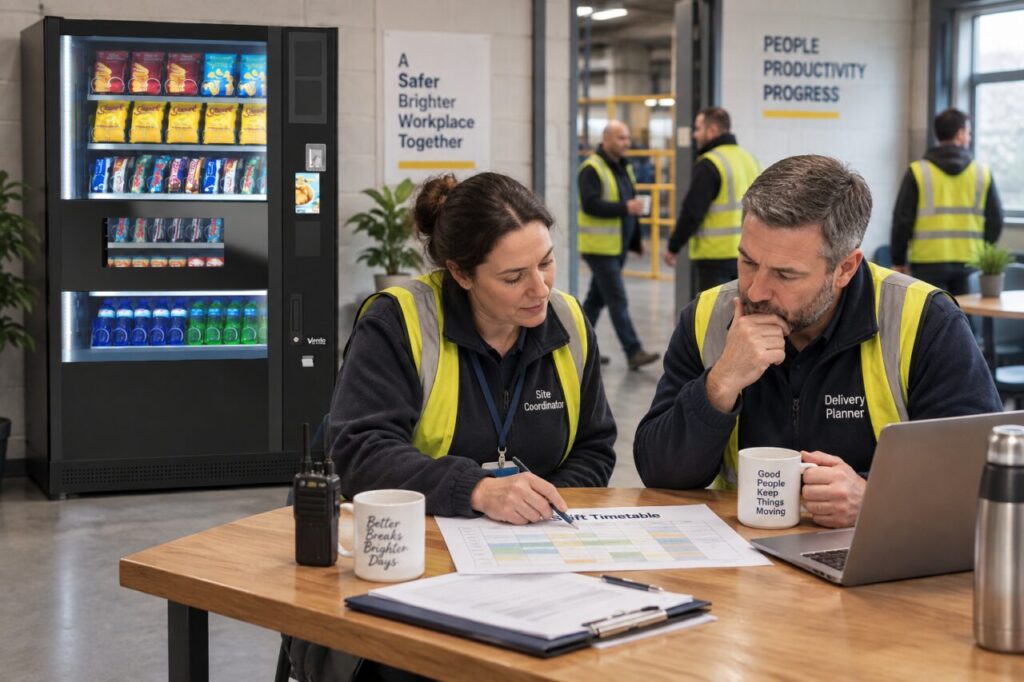 Site coordinator reviews shift timing beside workplace vending equipment
