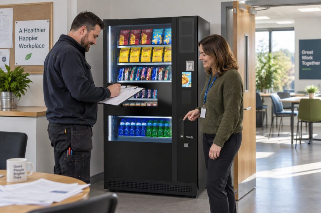 Technician and host confirm access for a rebooked vending visit