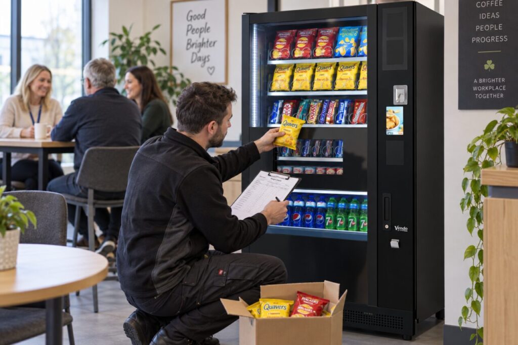 Operator compares a replacement snack with the vending selection list