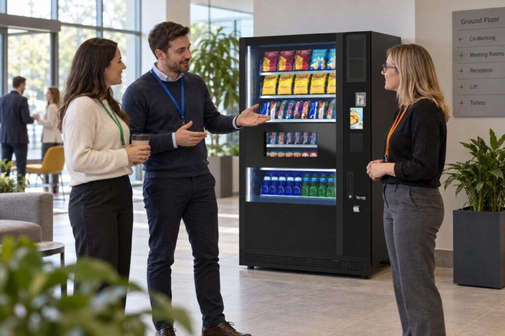 Office hosts explain shared vending access to a colleague