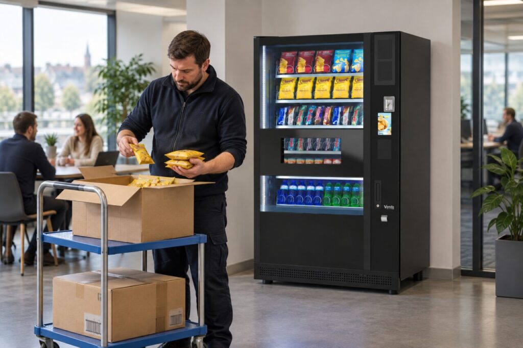 Stock clerk counts inner packs beside vending equipment