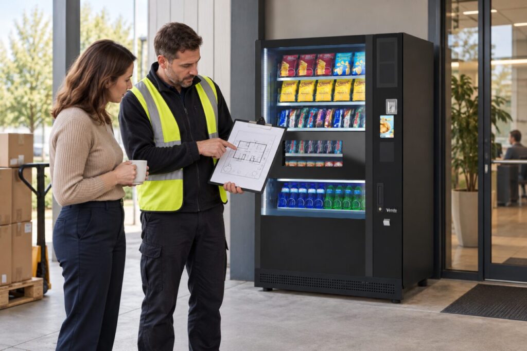 Delivery planner identifies the correct site entrance beside vending equipment