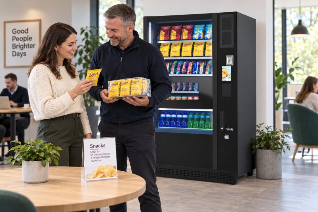 Customer compares single snack packs with multipacks beside vending equipment