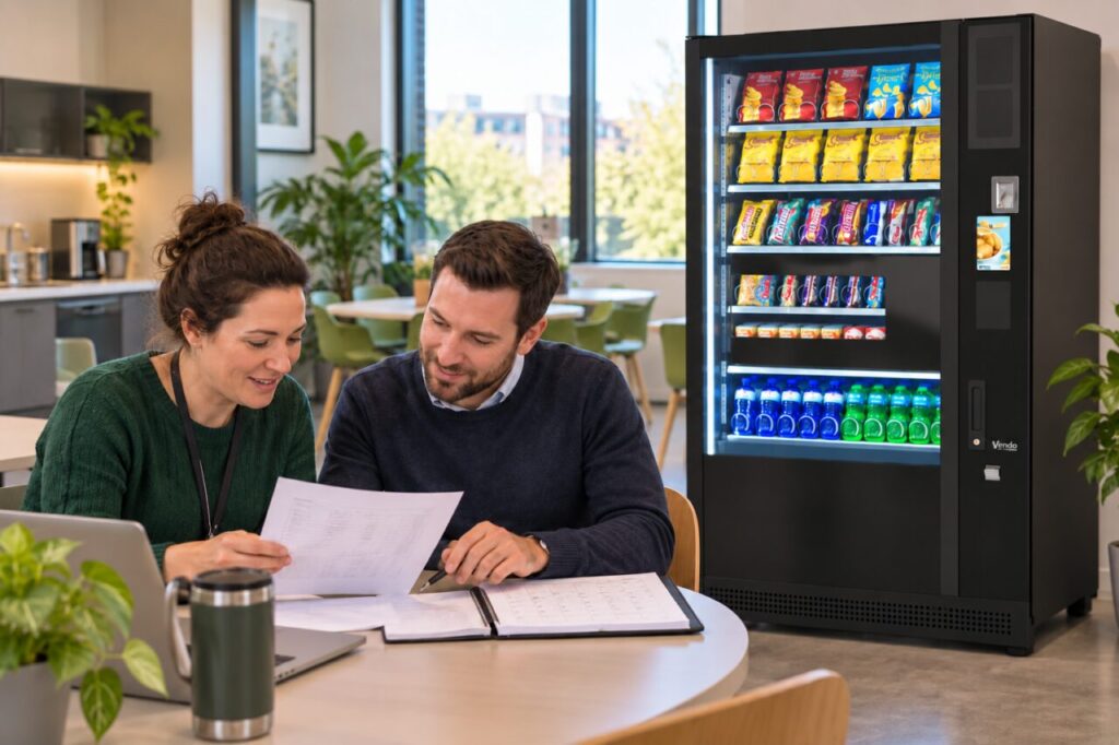Colleagues review first-day and later vending trial observations