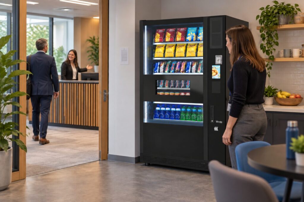 Office host explains the staff-area boundary near vending