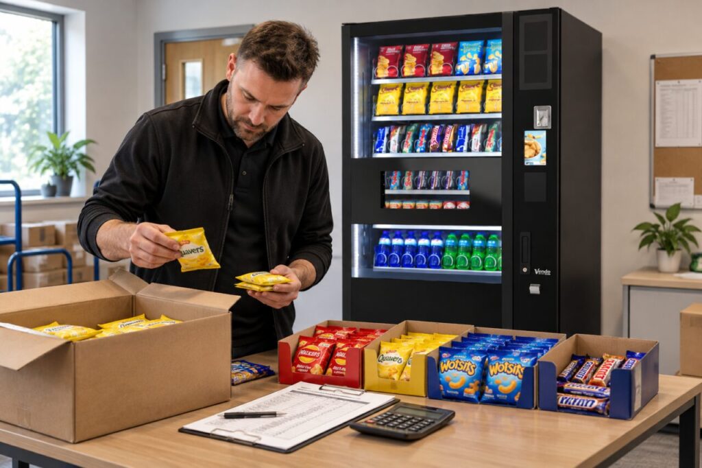 Operator compares stock case quantities beside vending equipment